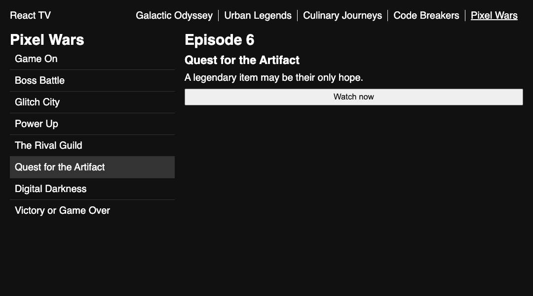 A show is selected from a list of shows. The episodes of the show are displayed alongside more information about a selected episode.