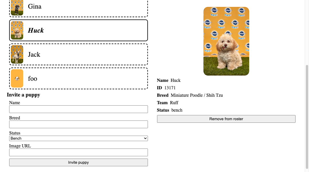Example screenshot of the finished website. Users can browse a roster of puppies and see more information about a specific one. There is also a form where users can submit information about a new puppy.